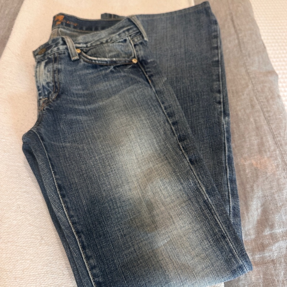 7 For All Mankind Women's Dark Blue Flare Jeans with crystal back pocket detail